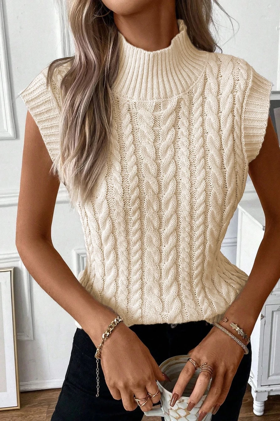 Shewin Women's Oatmeal Ribbed High Neck Cable Knit Sweater Vest