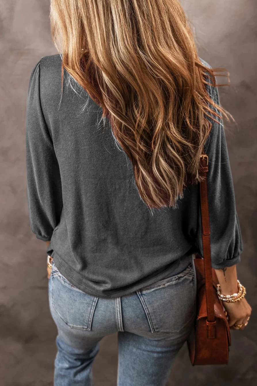 Shewin Women's Medium Grey Solid Color 3/4 Puff Sleeve Round Neck T-Shirt Top