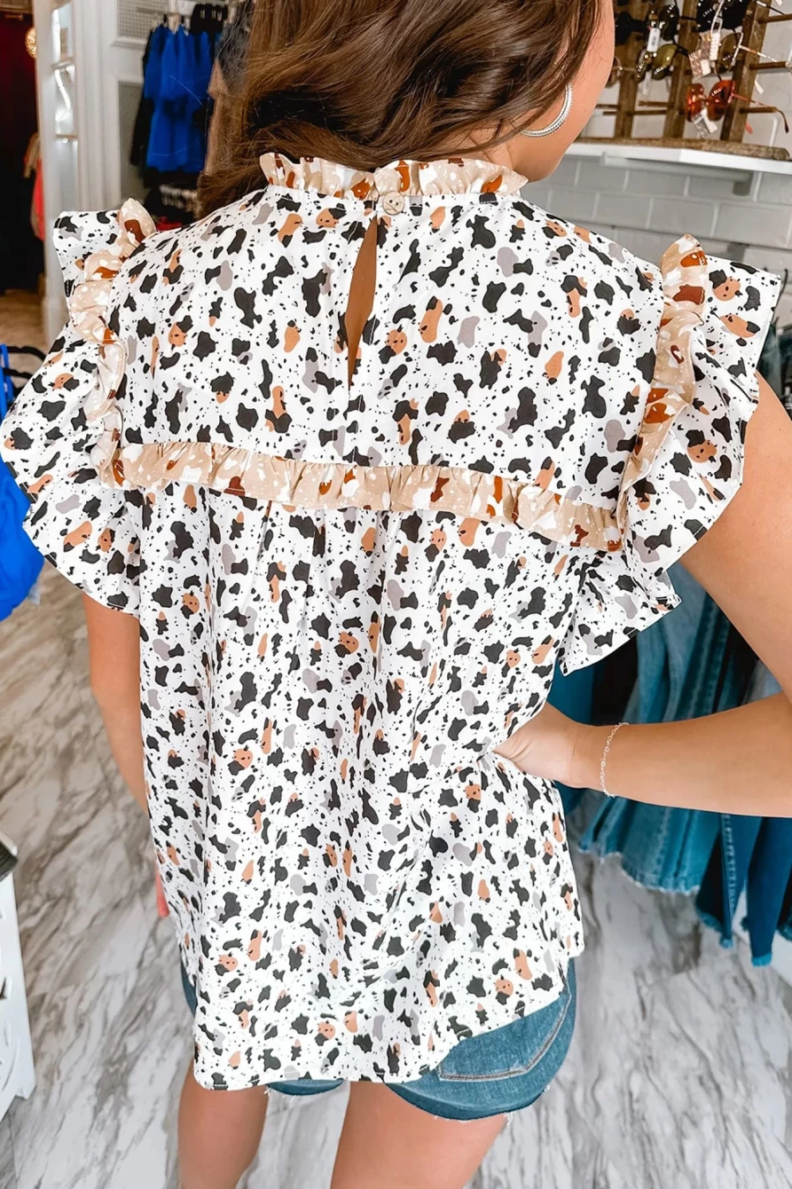 Women's Shewin White Leopard Print Ruffle Blouse with Frilled Neck Detail