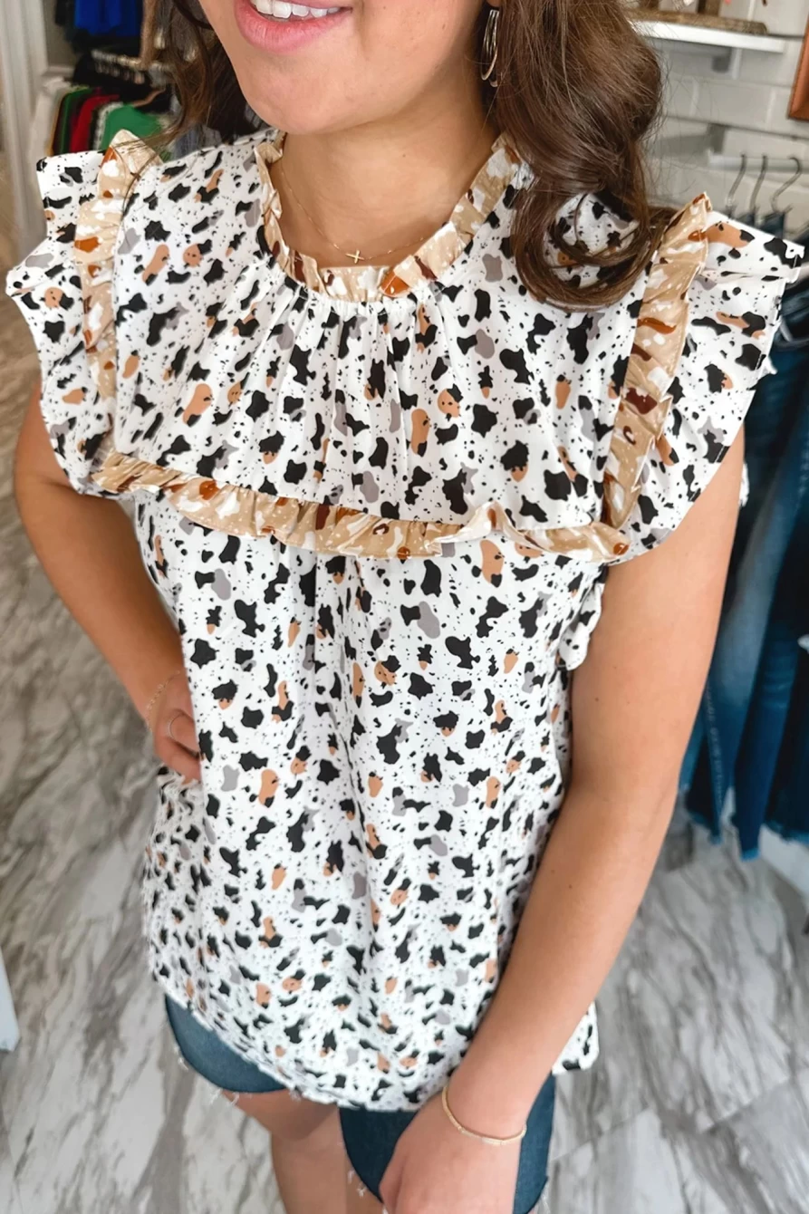 Women's Shewin White Leopard Print Ruffle Blouse with Frilled Neck Detail