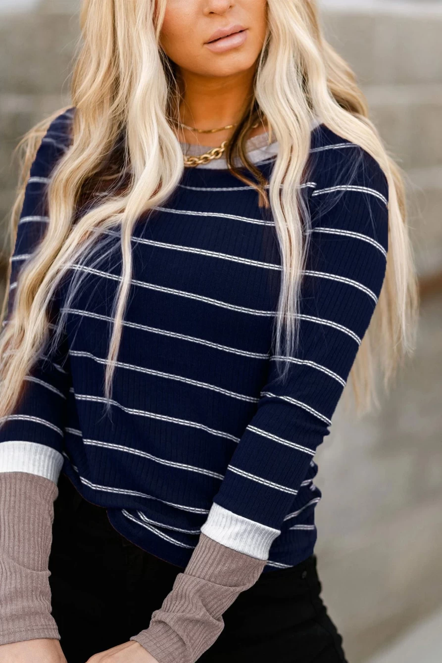 Shewin Women's Blue Striped Color Block Rib Knit Top - Spliced Design Fashion T-Shirt