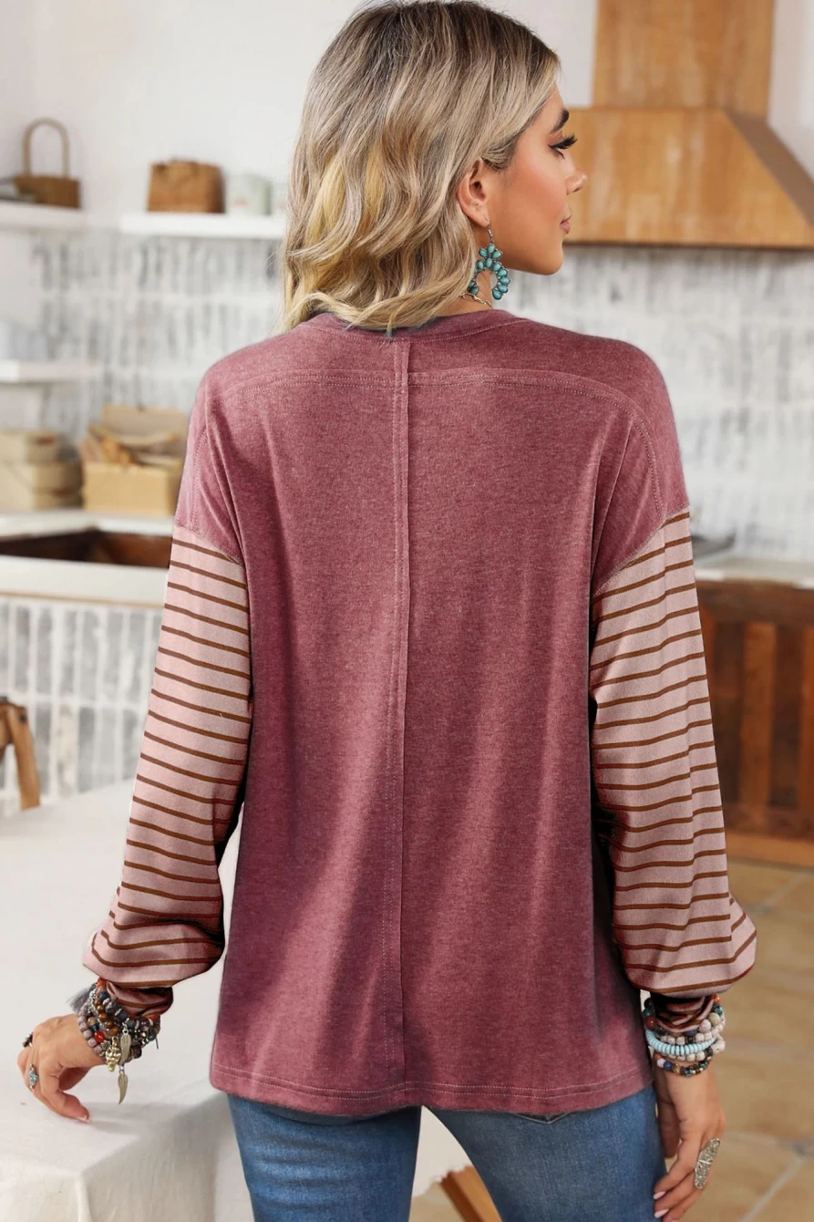 Shewin Women's Red Colorblock Striped Top with Bishop Sleeves & Side Slits