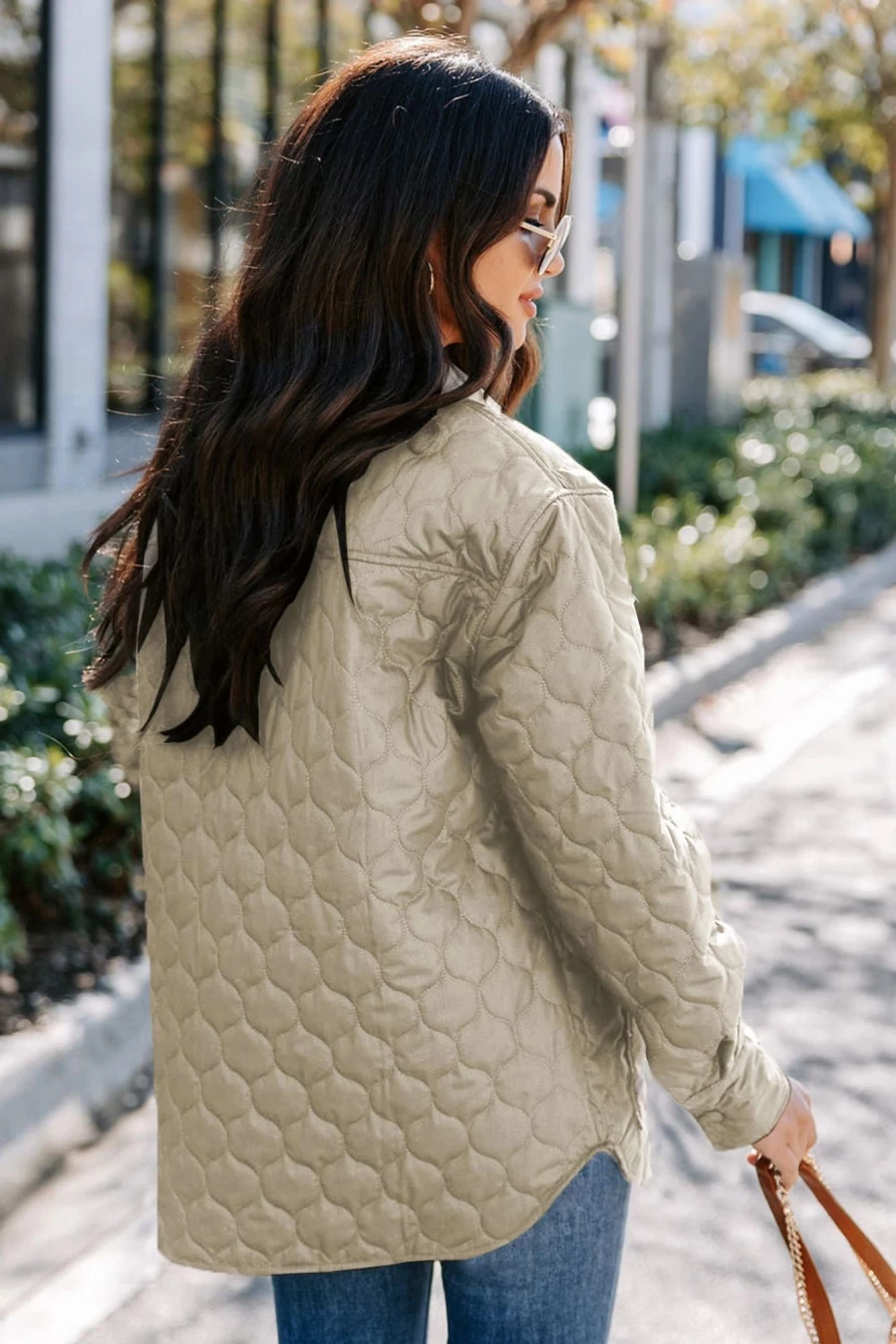 Shewin Women's Beige Quilted Puffer Coat with Big Pockets & Button Down Design