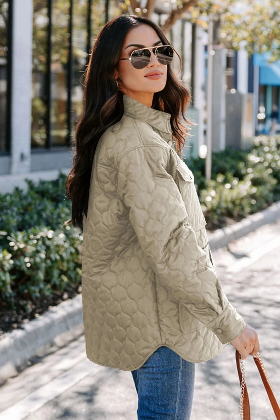 Shewin Women's Beige Quilted Puffer Coat with Big Pockets & Button Down Design