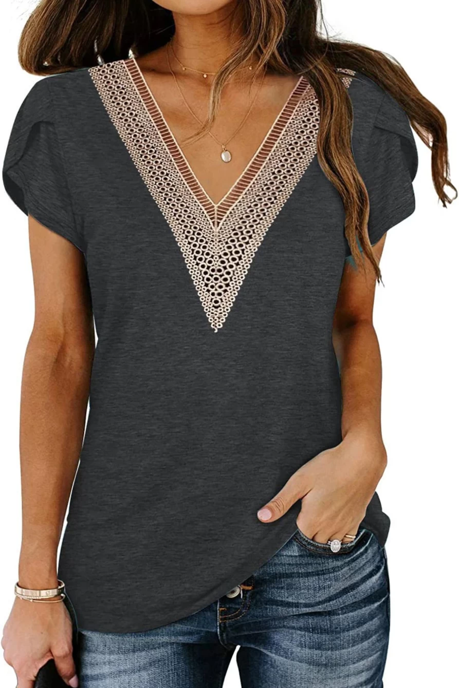Shewin Women's Black Lace Trim V-Neck Overlap Short Sleeve T-Shirt