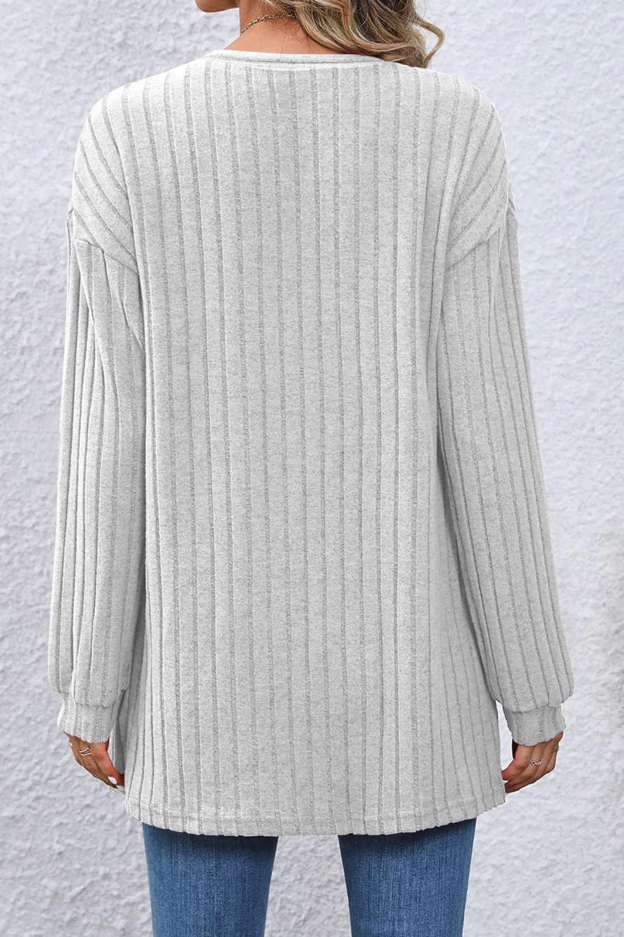Shewin Women's Gray Ribbed Knit Open Front Cardigan with Drop Sleeves