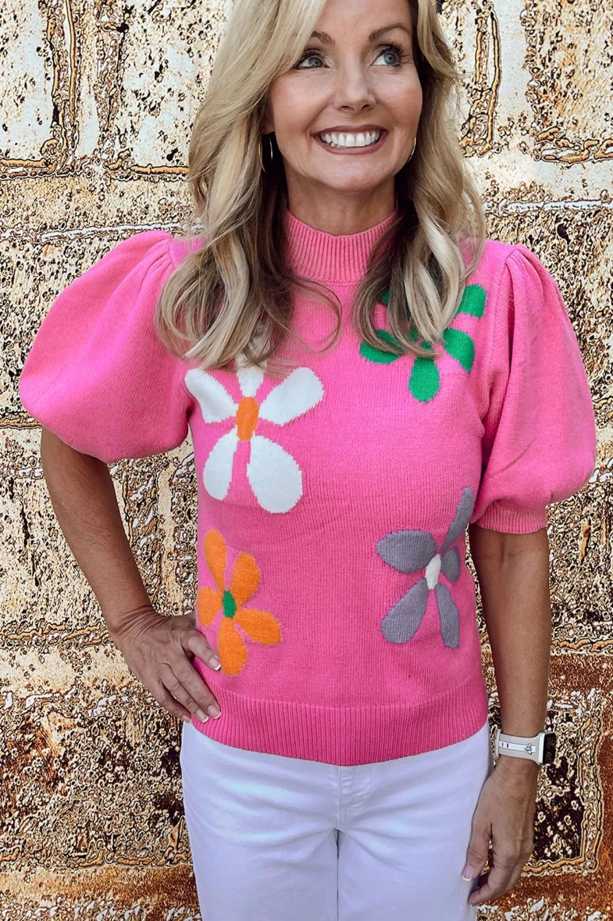 Shewin Women's Bright Pink Floral Print Bubble Short Sleeve Knitted Top