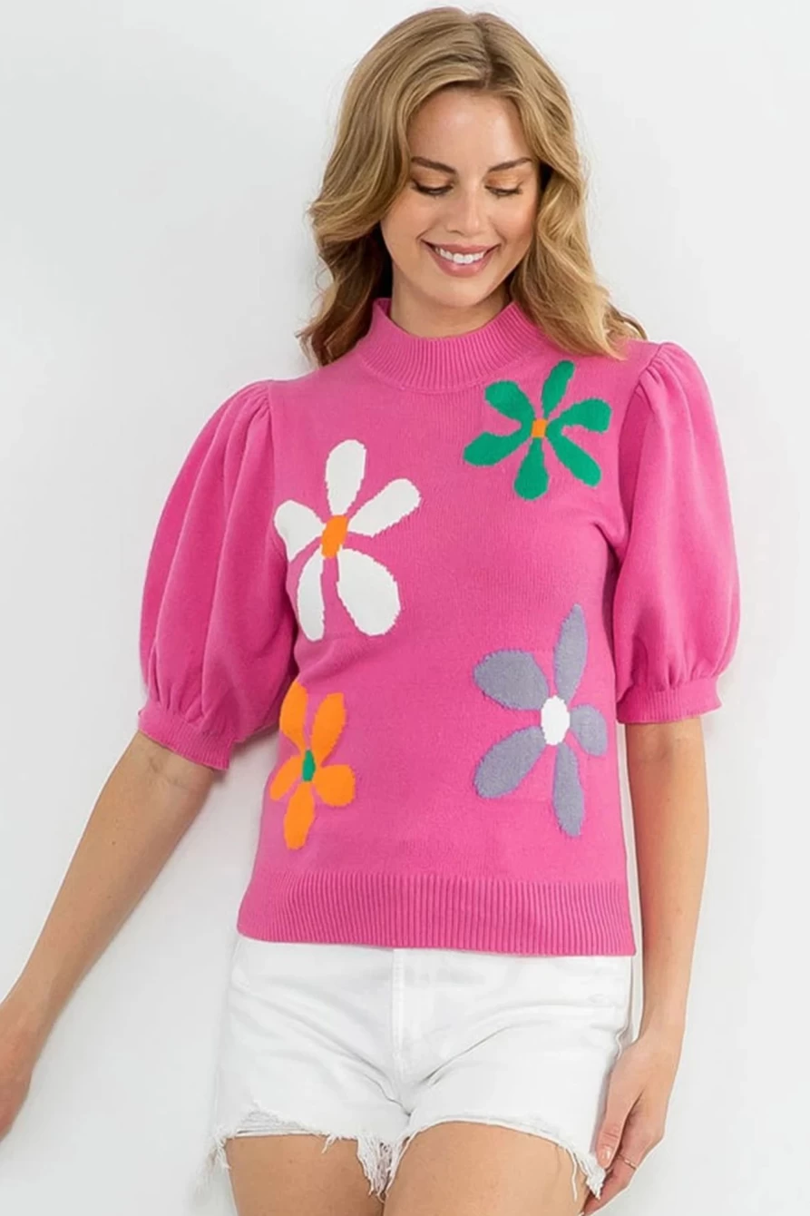Shewin Women's Bright Pink Floral Print Bubble Short Sleeve Knitted Top