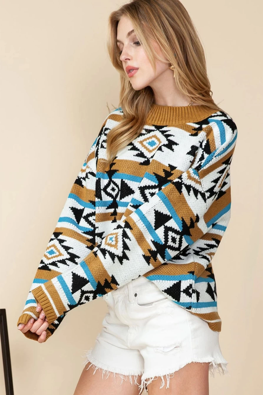 Shewin Women's Brown Geometric Striped Knit Sweater with Ribbed Trim