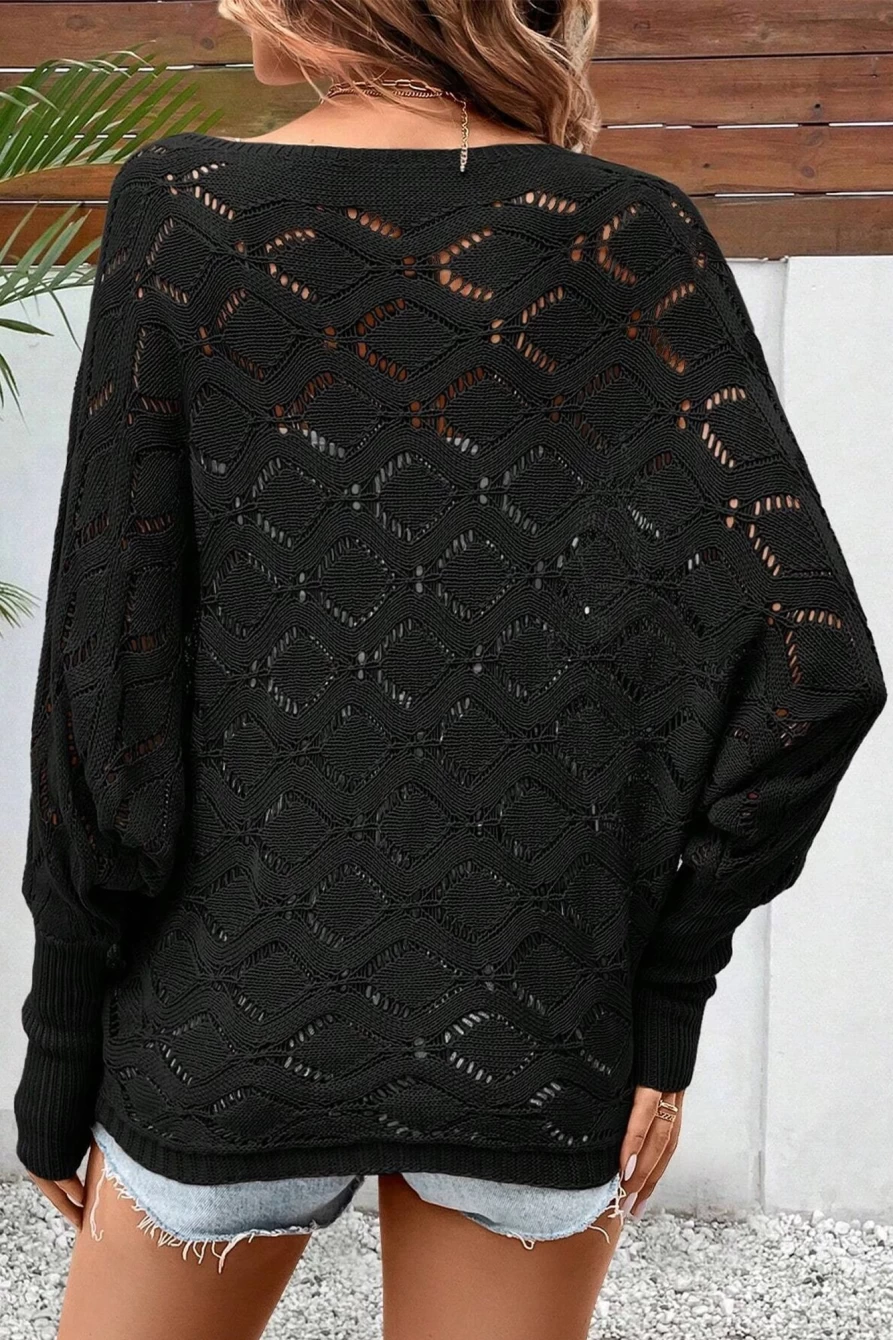 Shewin Women's Black Chic Rhombus Knit Dolman Sleeve Top