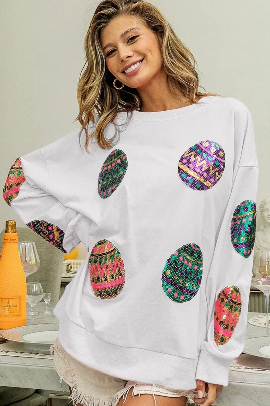 Shewin Women's White Easter Sequin Egg Print Oversized Drop Shoulder Sweatshirt