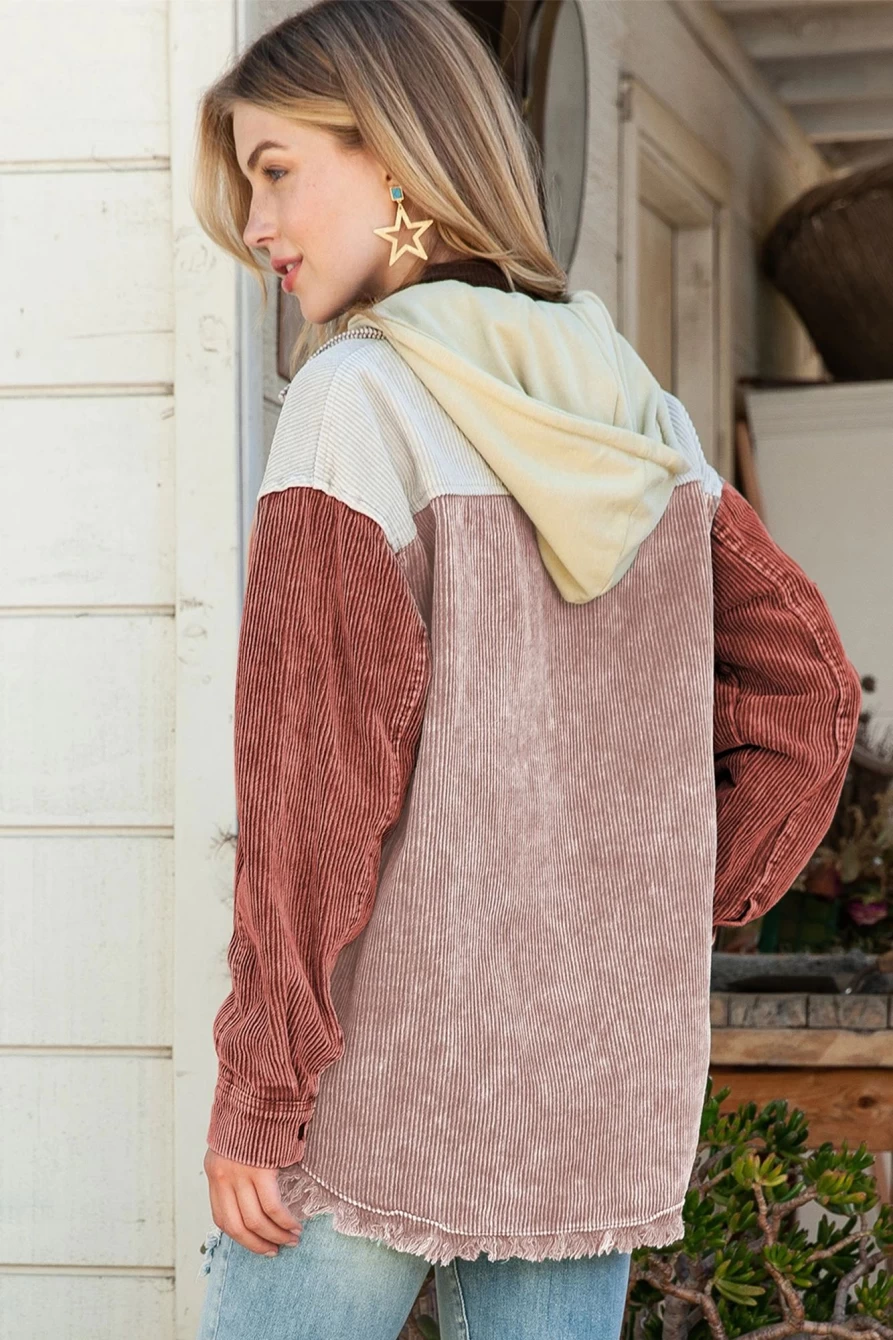 Shewin Women's Pink Colorblock Corduroy Jacket with Raw Hem & Patchwork Detail Hooded Coat