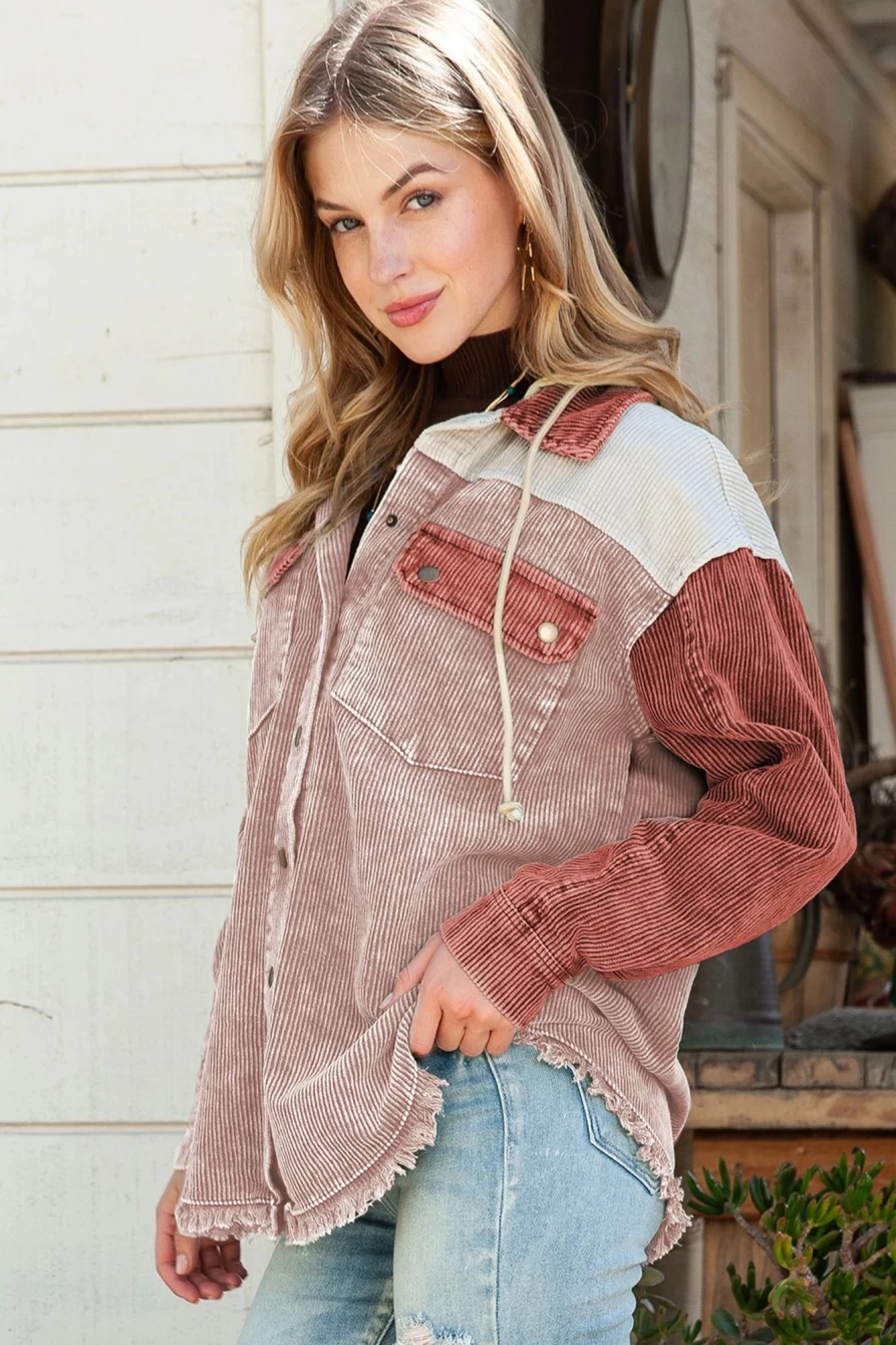 Shewin Women's Pink Colorblock Corduroy Jacket with Raw Hem & Patchwork Detail Hooded Coat