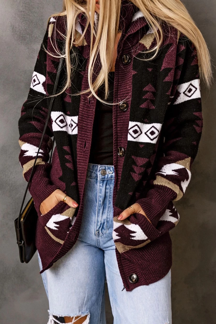 Women's Red Burgundy Geometric Print Button Front Hooded Cardigan - Shewin