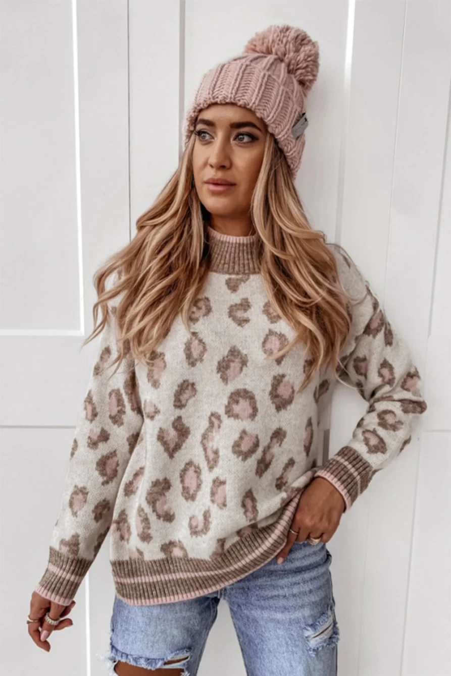 Shewin Women's Brown Leopard Print Two-Tone Ribbed Sweater