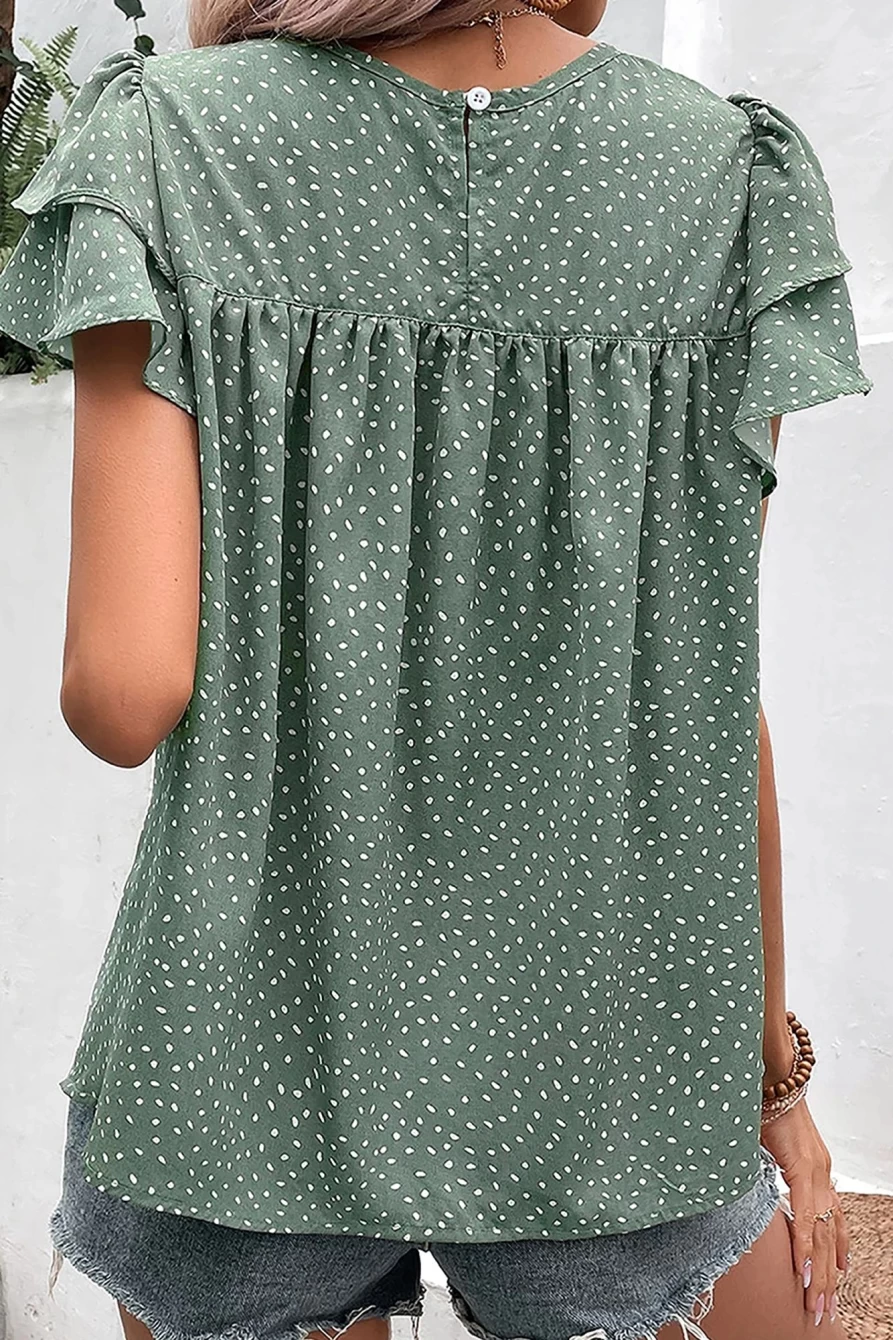 Shewin Women's Laurel Green Spotted Print Pleated Blouse with Ruffle Sleeves
