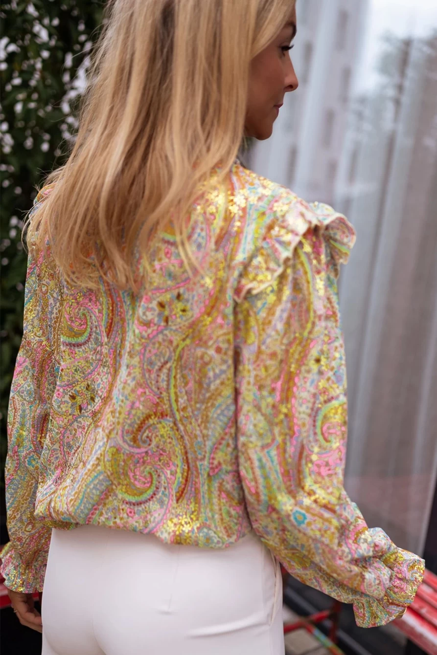 "SheWin Women's Yellow Boho Blouse with Paisley Print & Ruffled Trim Button-Up"