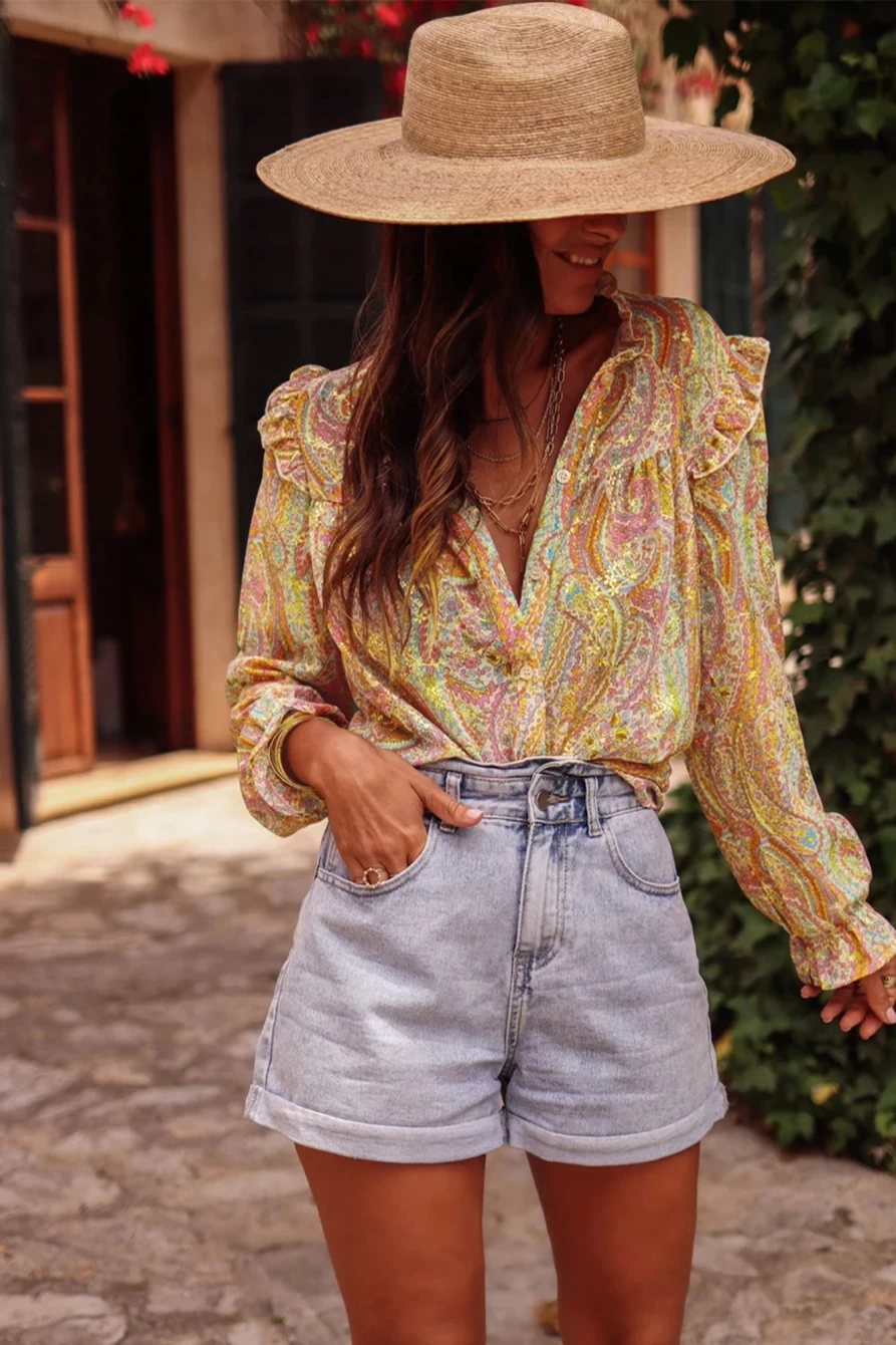 "SheWin Women's Yellow Boho Blouse with Paisley Print & Ruffled Trim Button-Up"