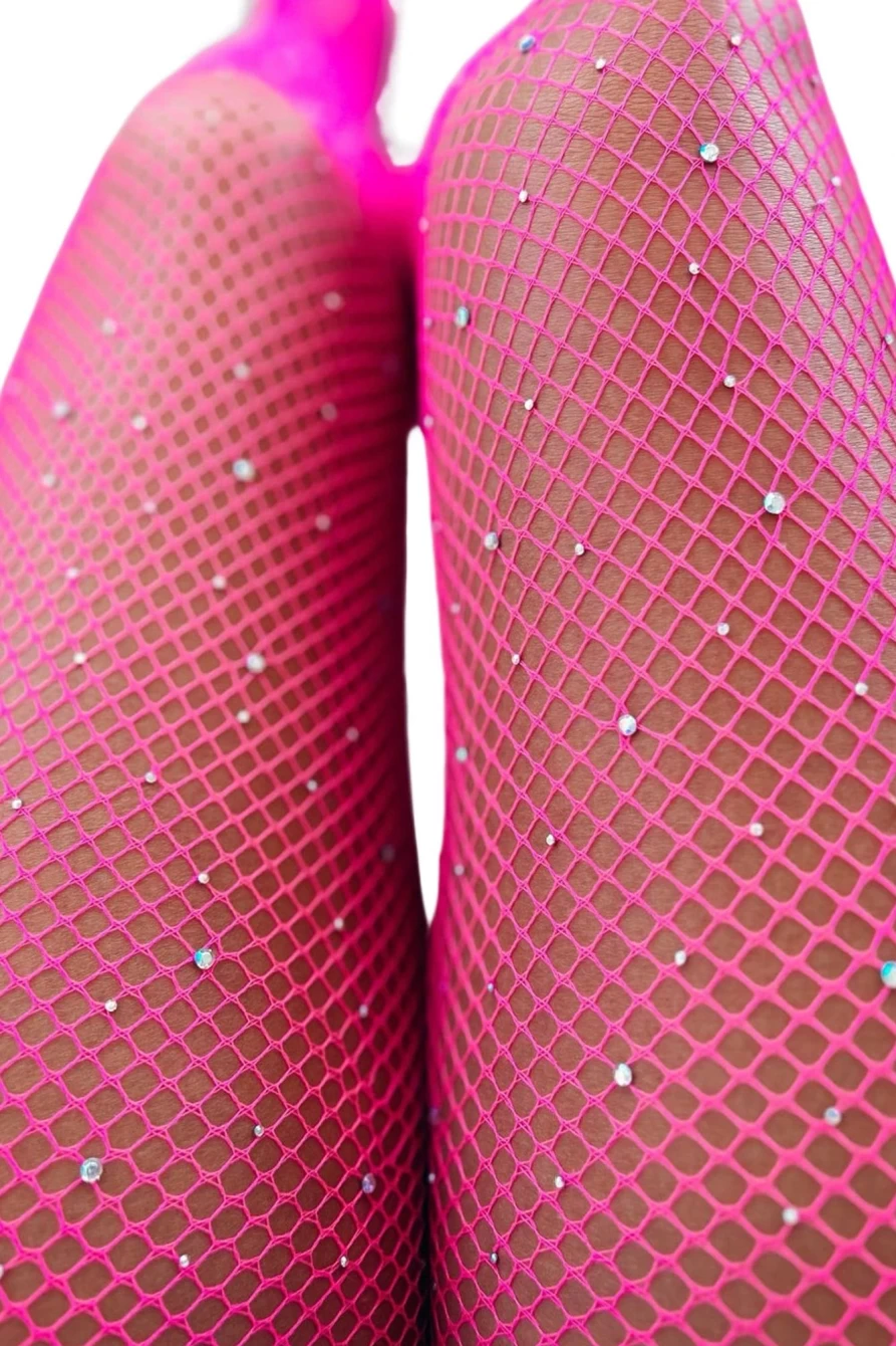 Shewin Women's Dark Pink Rhinestone Fishnet Pantyhose - Sexy Glamorous Tights