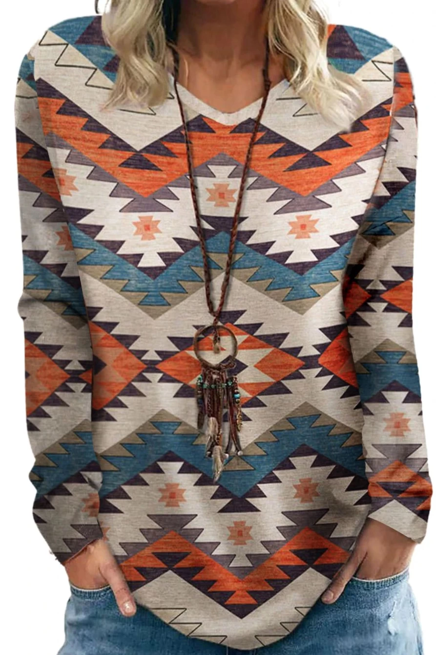 Shewin Women's Multicolor Geometric Print V-Neck Long Sleeve T-Shirt